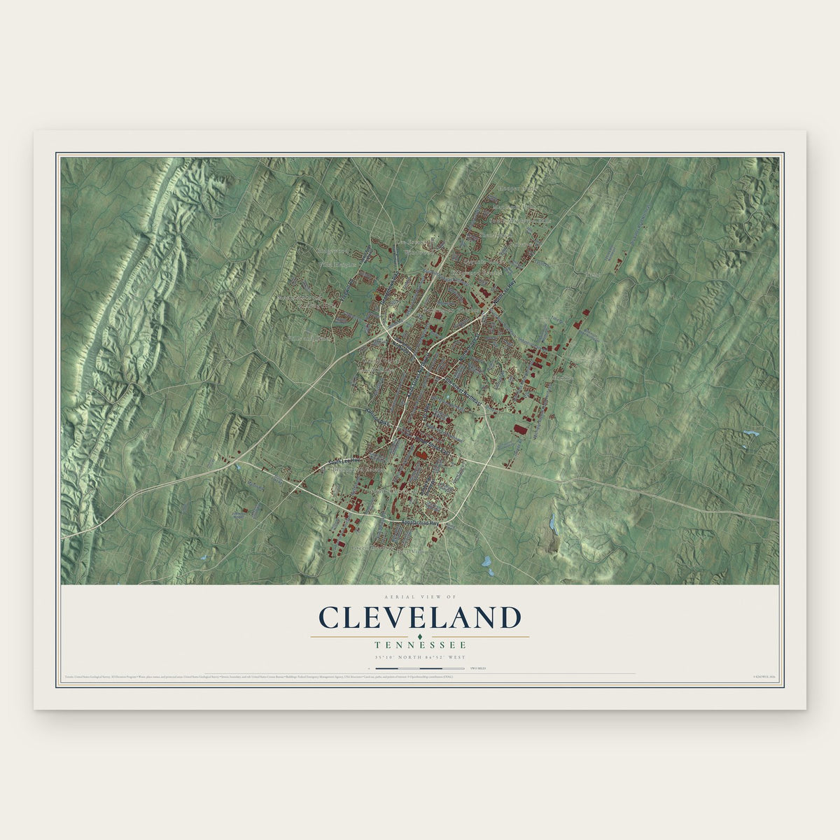 Cleveland, Tennessee map print, the full design