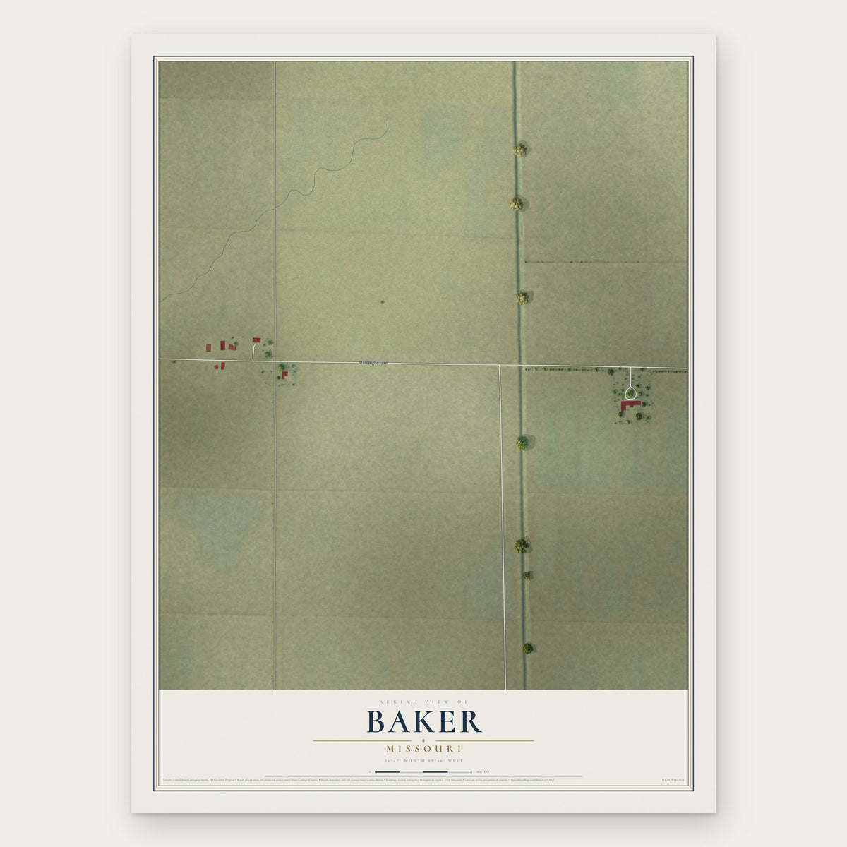 Baker, Missouri map print, the full design