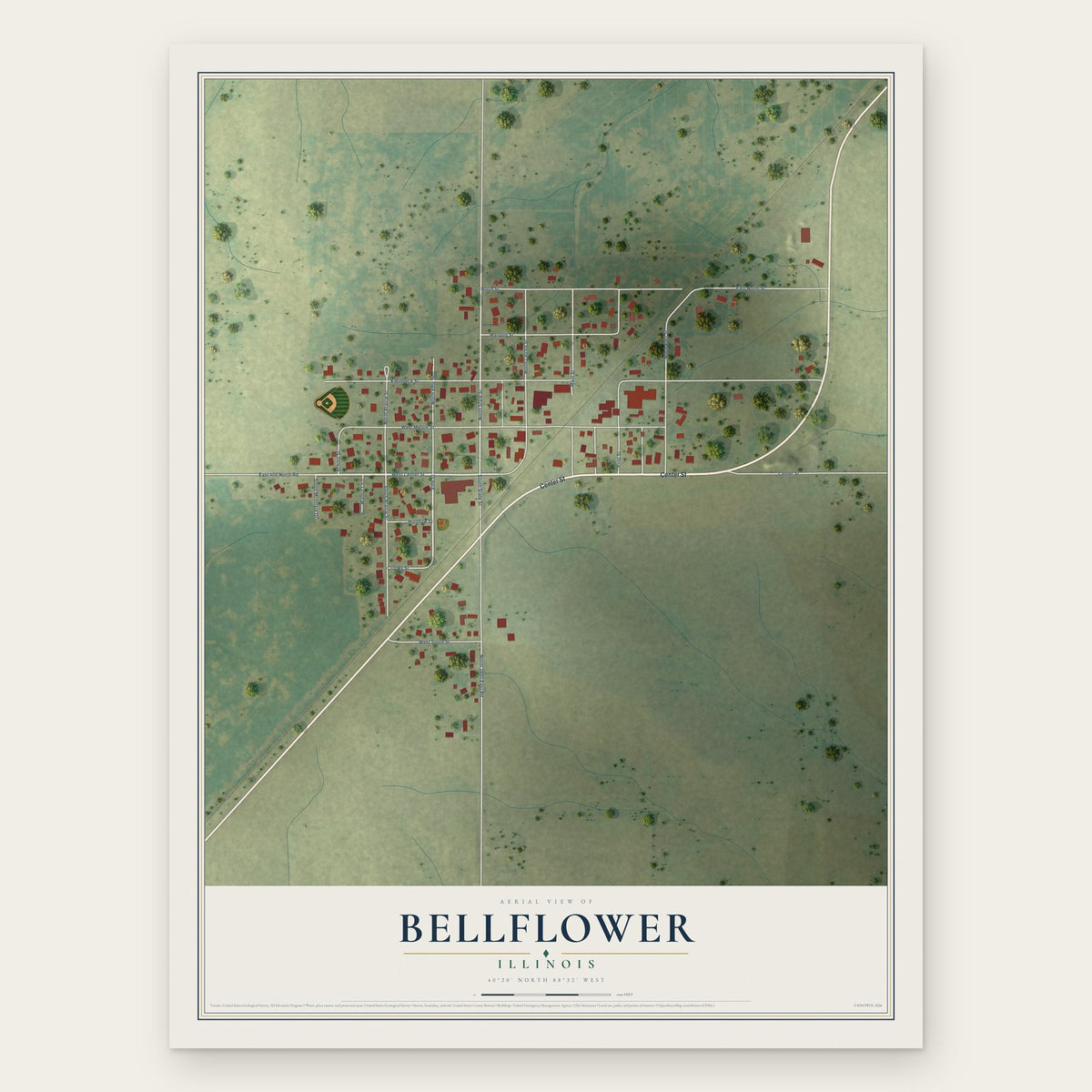 Bellflower, Illinois map print, the full design