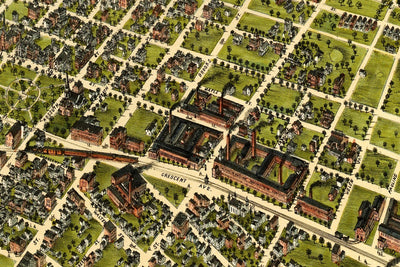 Close view of the restored 1875 bird's-eye map of Bridgeport, Connecticut by O.H. Bailey & Co.
