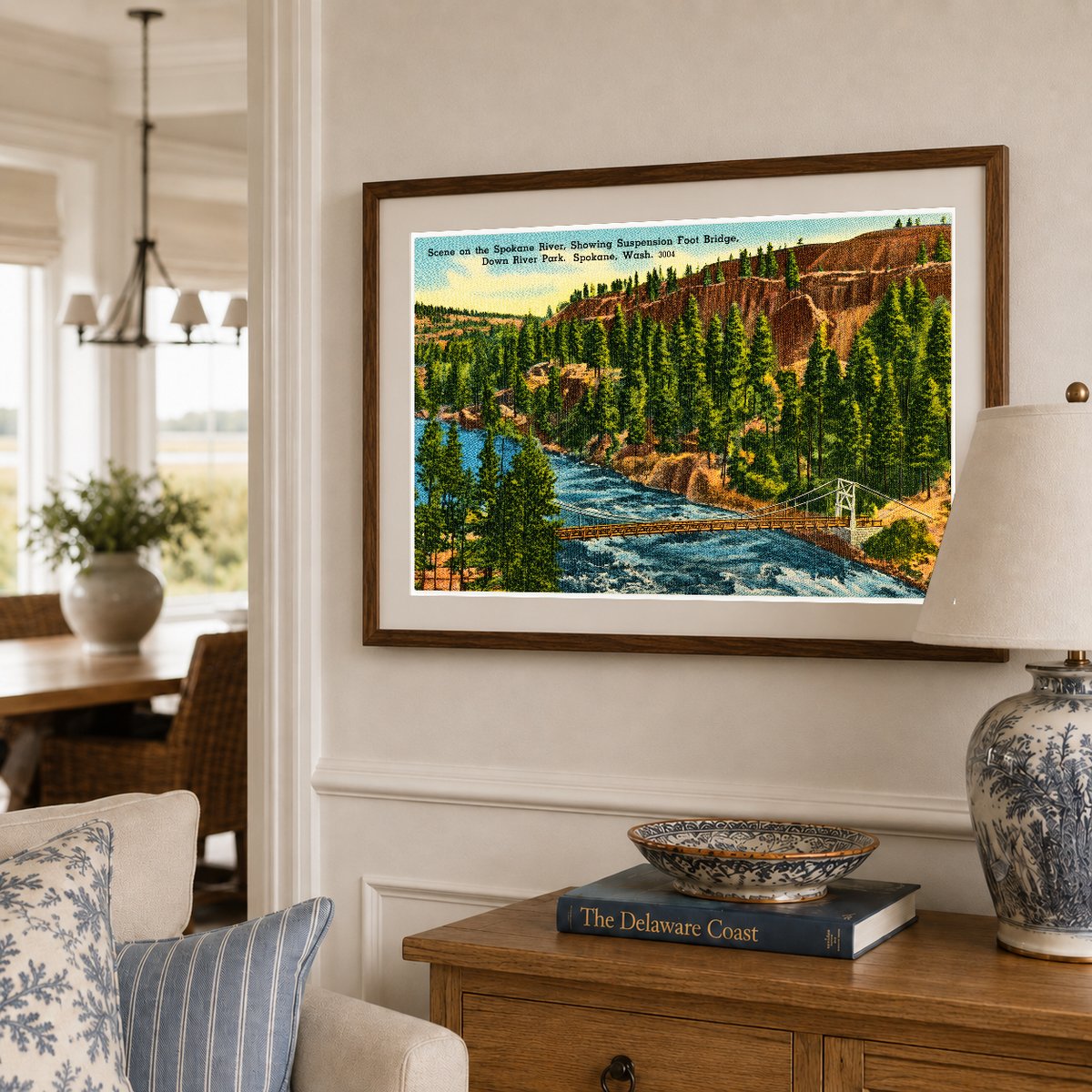 Spokane, WA: Scene on the Spokane River, showing suspension foot bridge, Down River Park