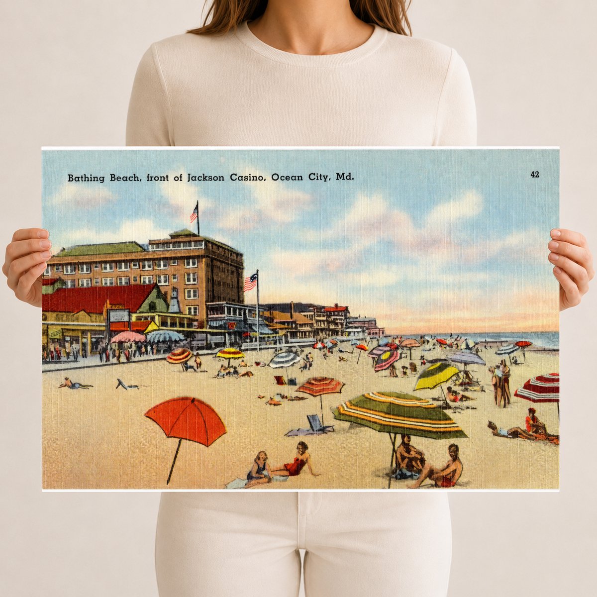 Bathing Beach, front of Jackson Casino, Ocean City, MD — Vintage Maryland Postcard