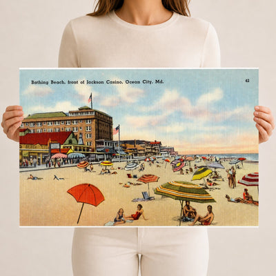 Bathing Beach, front of Jackson Casino, Ocean City, MD — Vintage Maryland Postcard