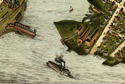 Close view of the restored 1875 bird's-eye map of Bridgeport, Connecticut by O.H. Bailey & Co.