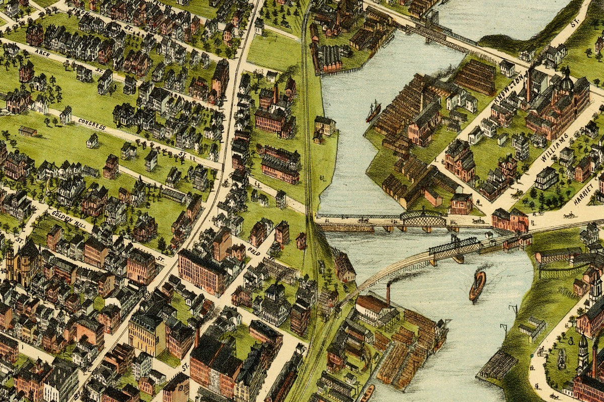 Close view of the restored 1875 bird's-eye map of Bridgeport, Connecticut by O.H. Bailey & Co.