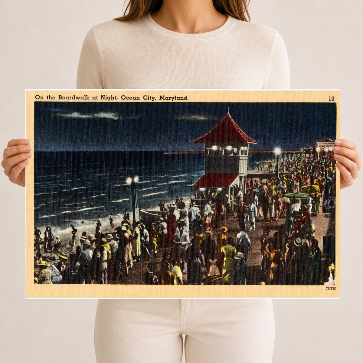 On the boardwalk at night, Ocean City, Maryland — Vintage Maryland Postcard
