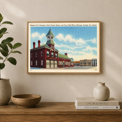 Singerly Fire Company, Cecil County Library and Town Hall, where marriage licenses are issued — Vintage Maryland Postcard
