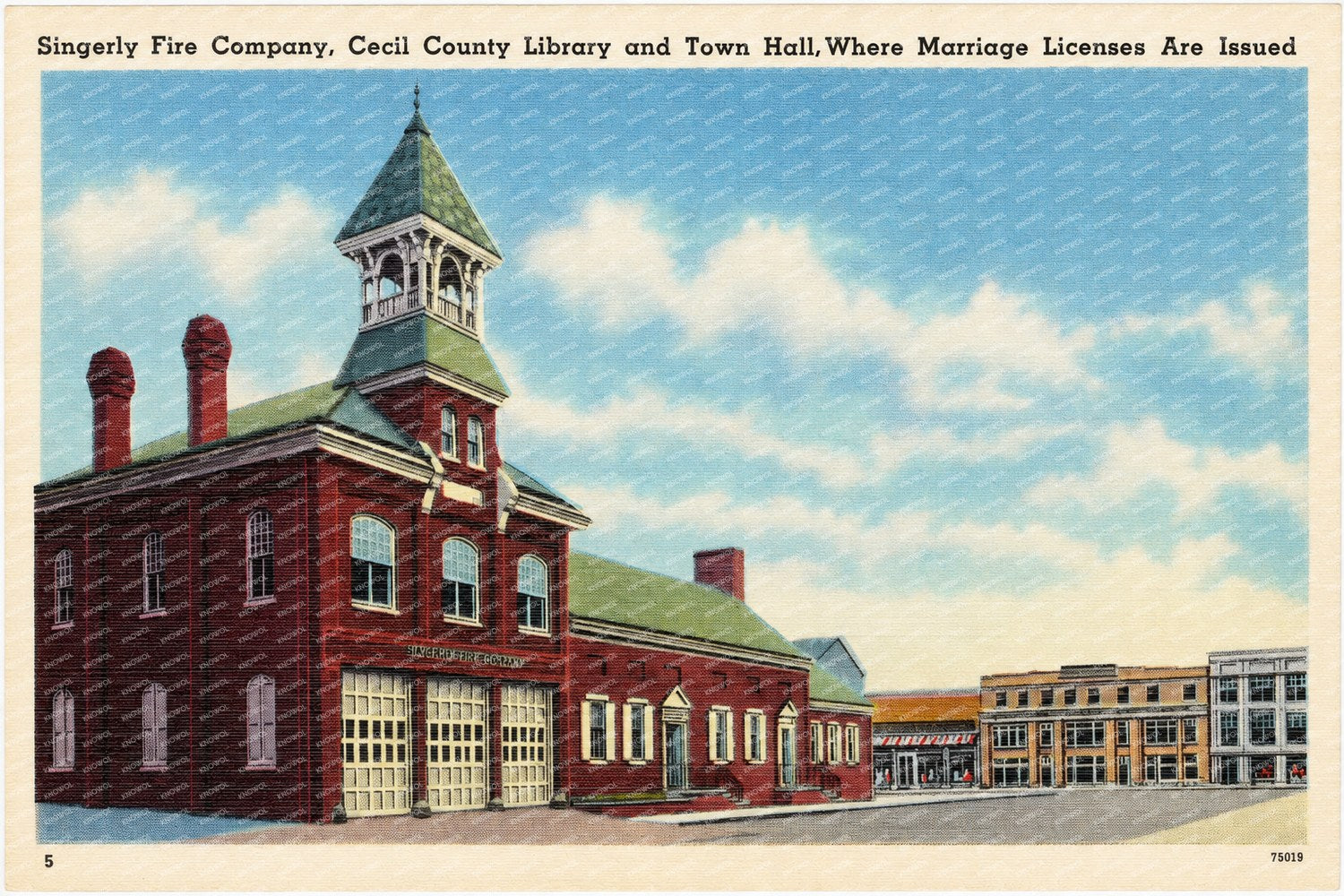 Singerly Fire Company, Cecil County Library and Town Hall, where marriage licenses are issued — Vintage Maryland Postcard
