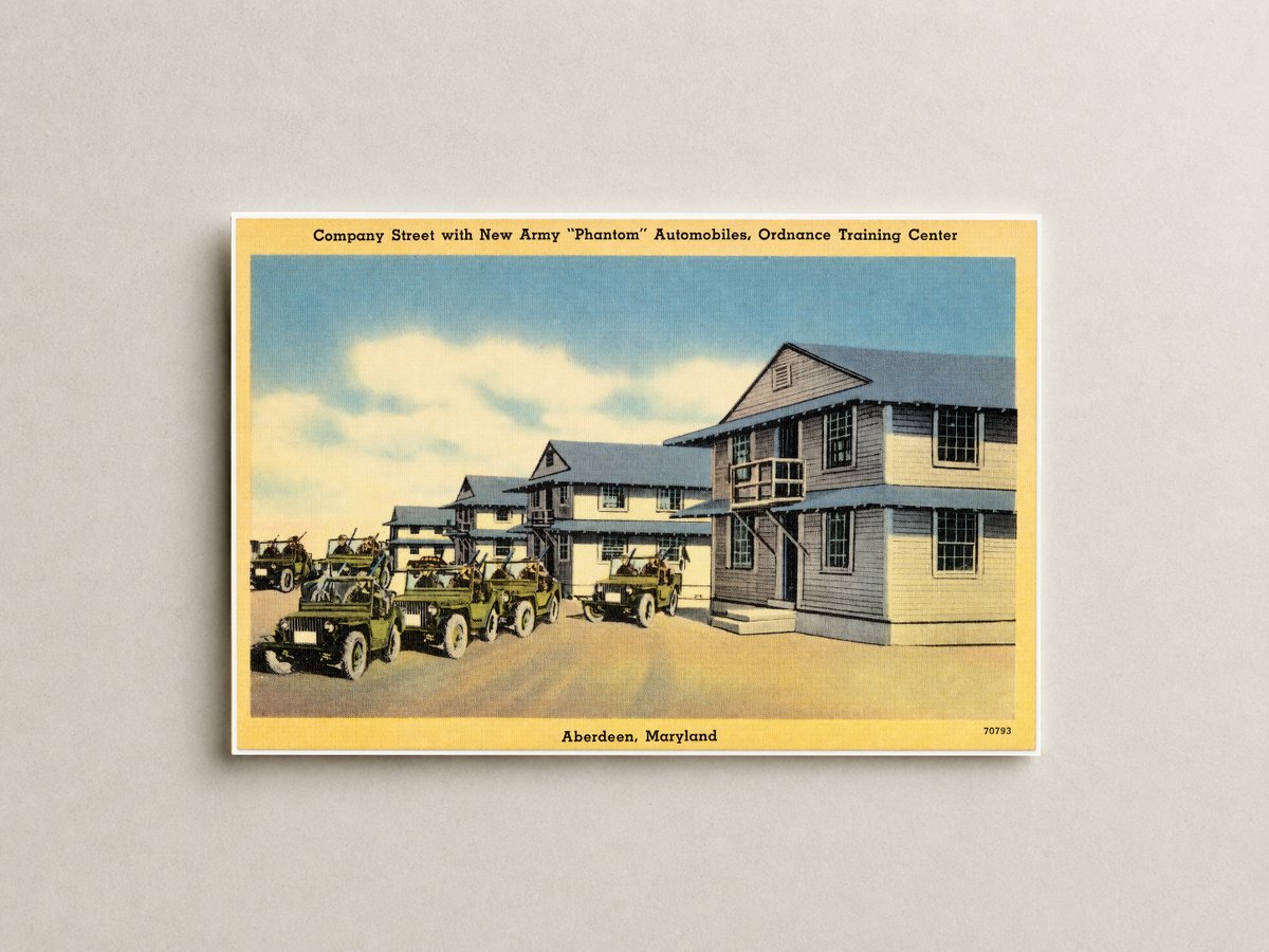 Company Street with new Army "Phantom" Automobiles, Ordnance Traning Center — Vintage Maryland Postcard