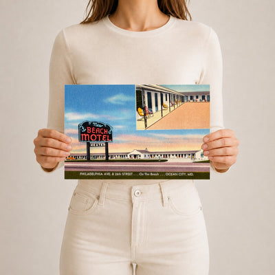 New Beach Motel, Philadelphia Ave., & 26th Street... on the beach... Ocean City, MD — Vintage Maryland Postcard