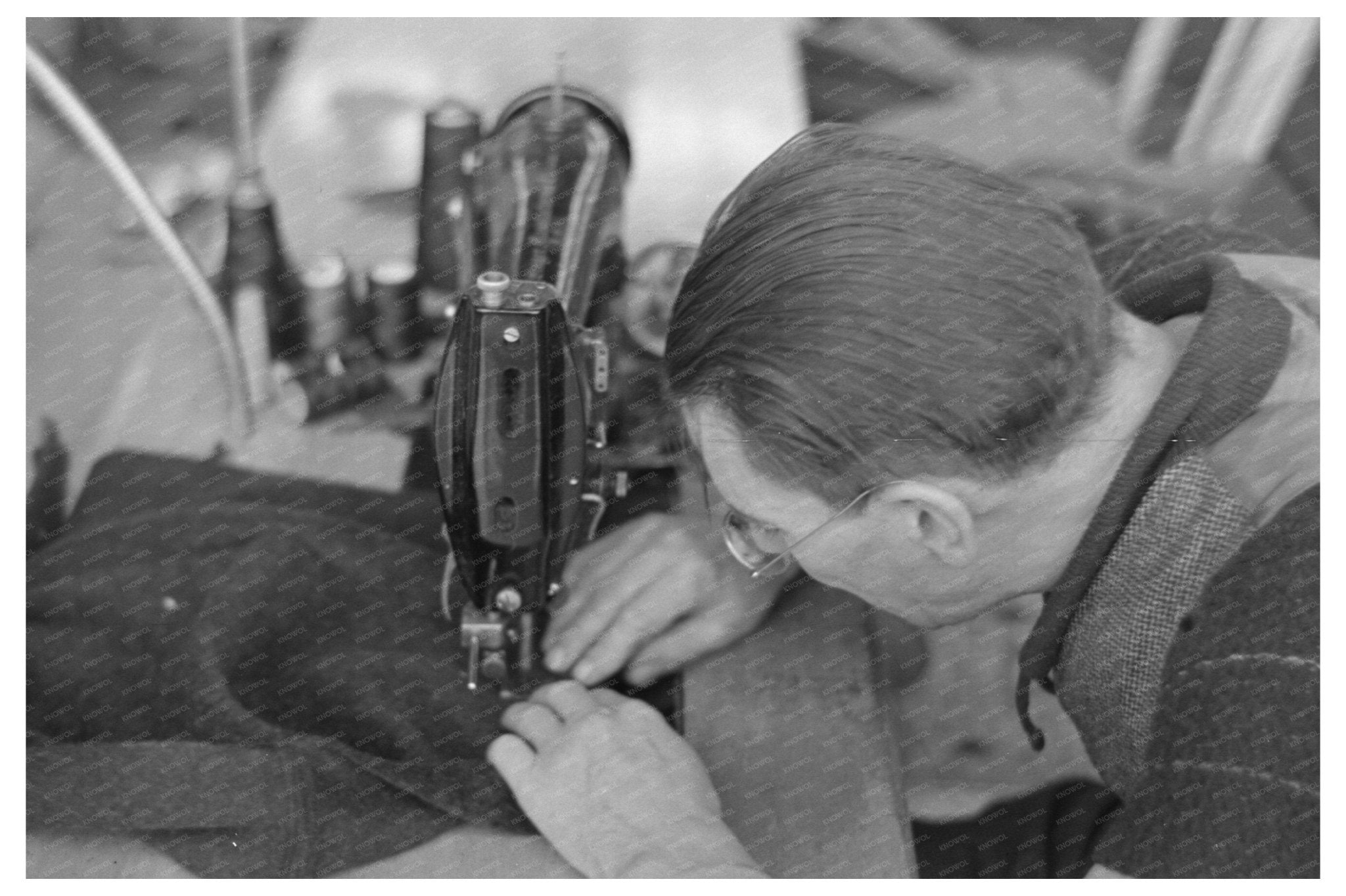 1936 Man Operating Sewing Machine in Jersey Homesteads Factory - Available at KNOWOL