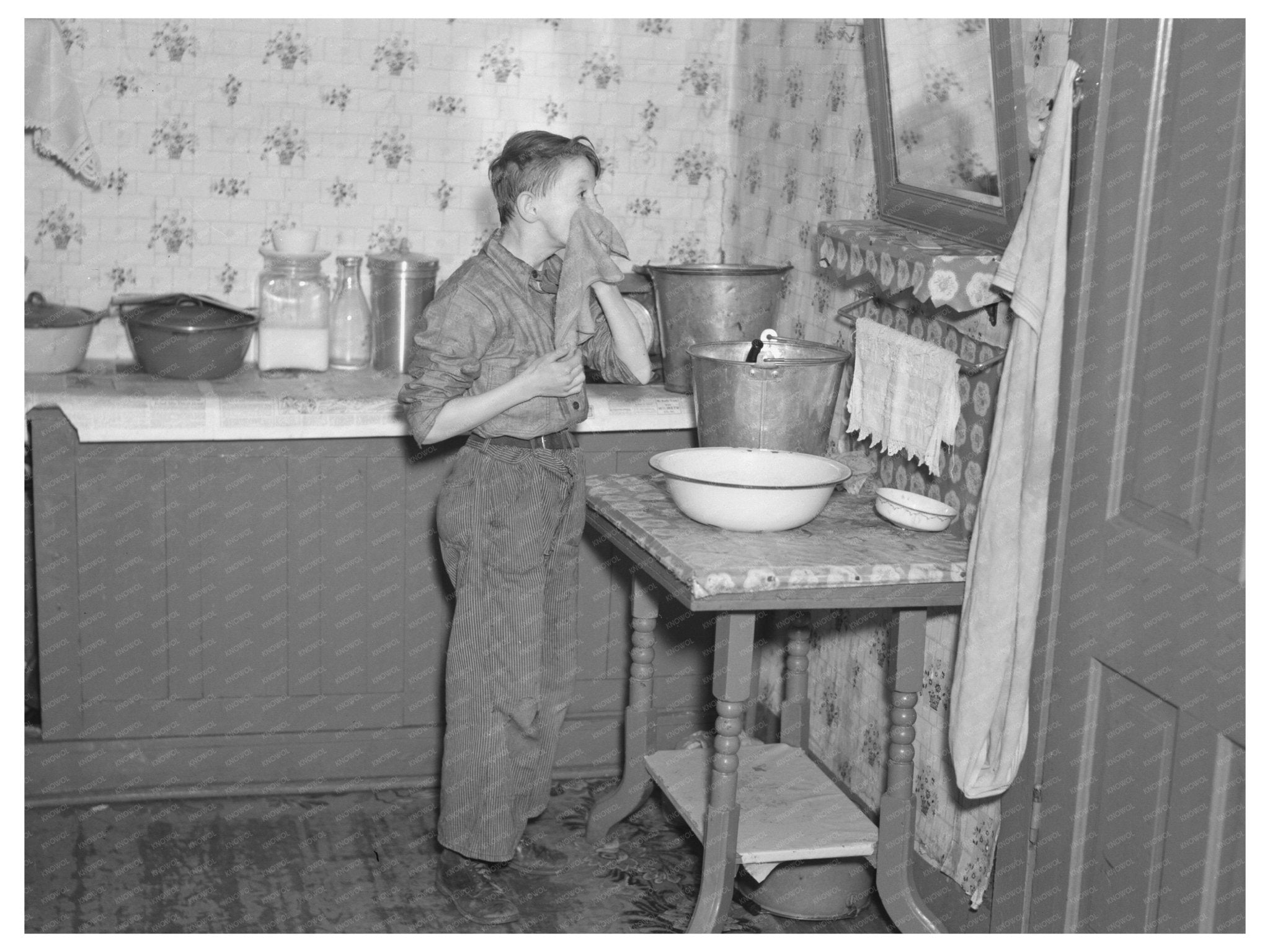 1937 Vintage Photo of Boy Washing Face in Rural Indiana - Available at KNOWOL