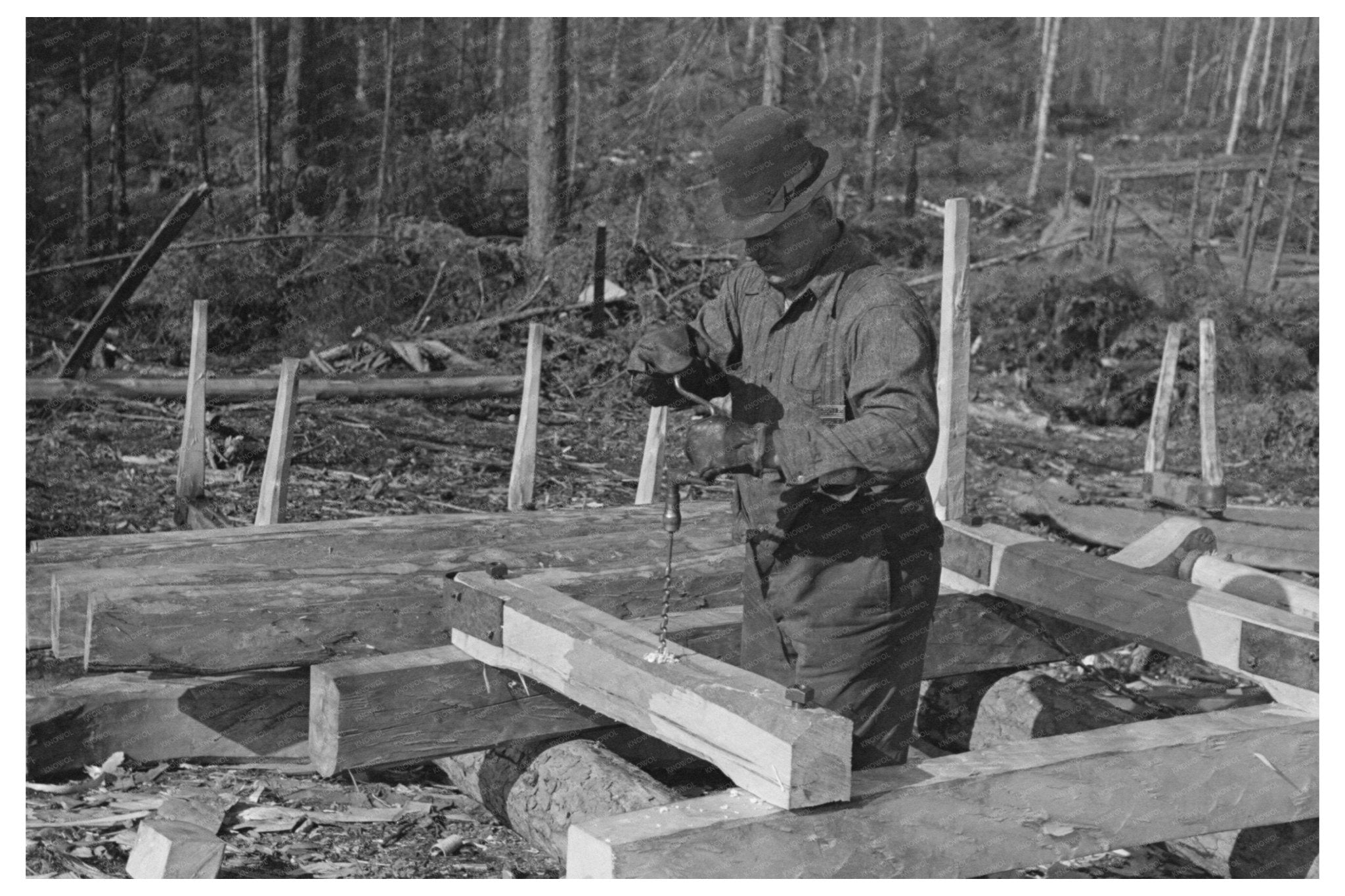 1937 Vintage Timber Hauling Sled Construction in Minnesota - Available at KNOWOL