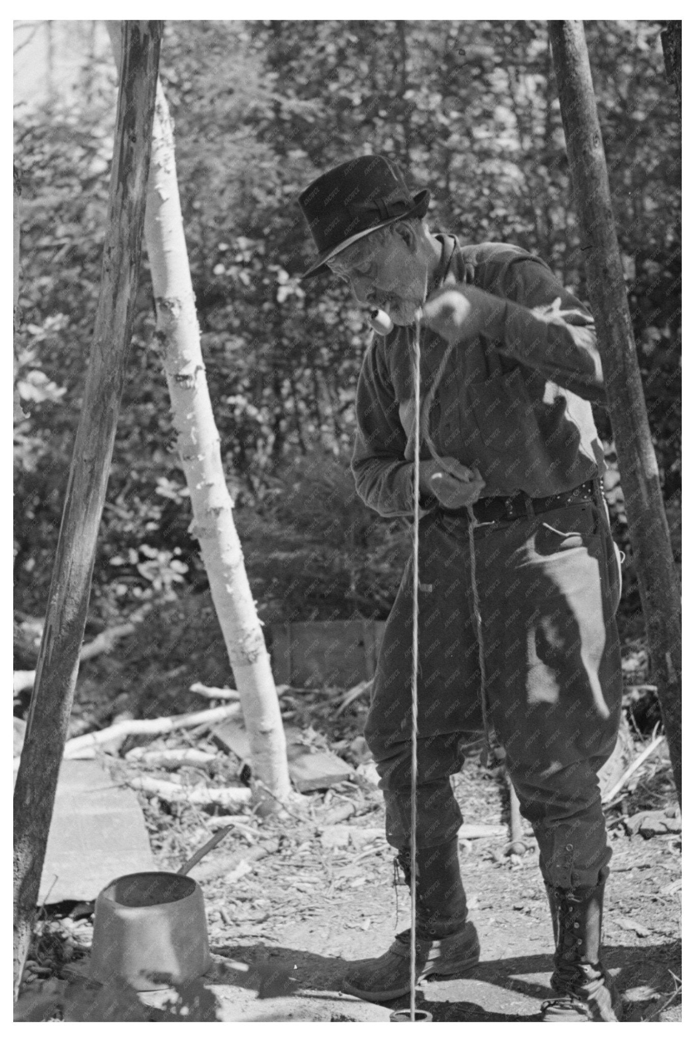 1937 Workers Raising Iron Pipe Drill in Minnesota Mining - Available at KNOWOL