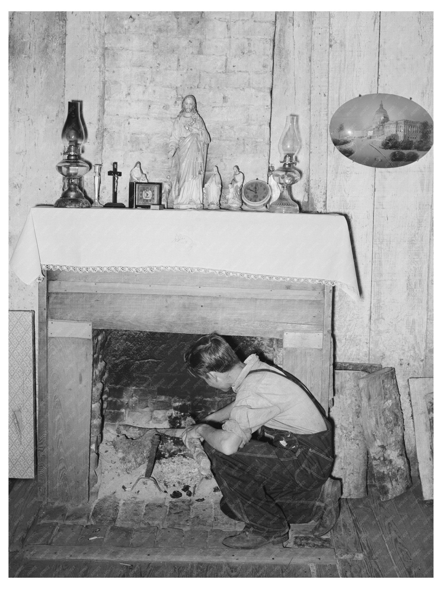 1938 Young Boy Building Fire at Louisiana Farm Home - Available at KNOWOL