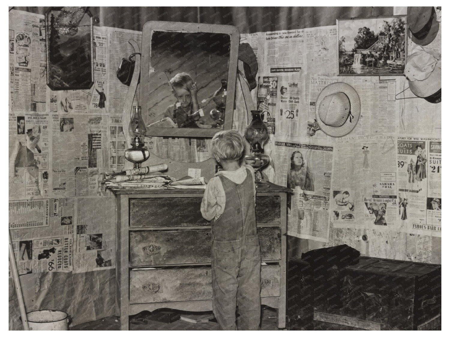1938 Young Boy Grooming Hair in Rural Missouri Shack - Available at KNOWOL