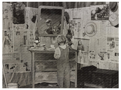 1938 Young Boy Grooming Hair in Rural Missouri Shack - Available at KNOWOL
