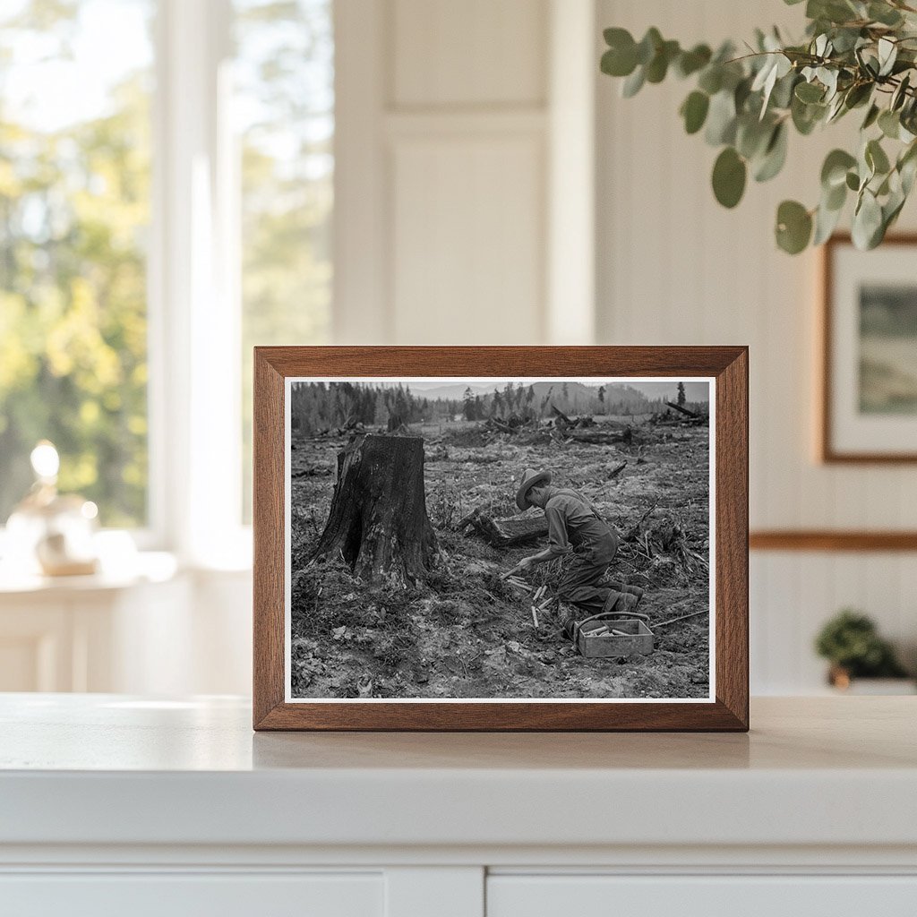 1939 Stump Farmer Blowing Tamarack Stump in Idaho - Available at KNOWOL