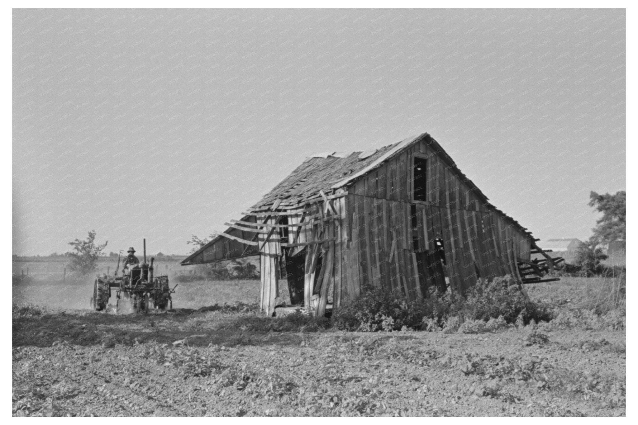 1939 Tractor Plowing Field by Wrecked Tenant House Oklahoma - Available at KNOWOL