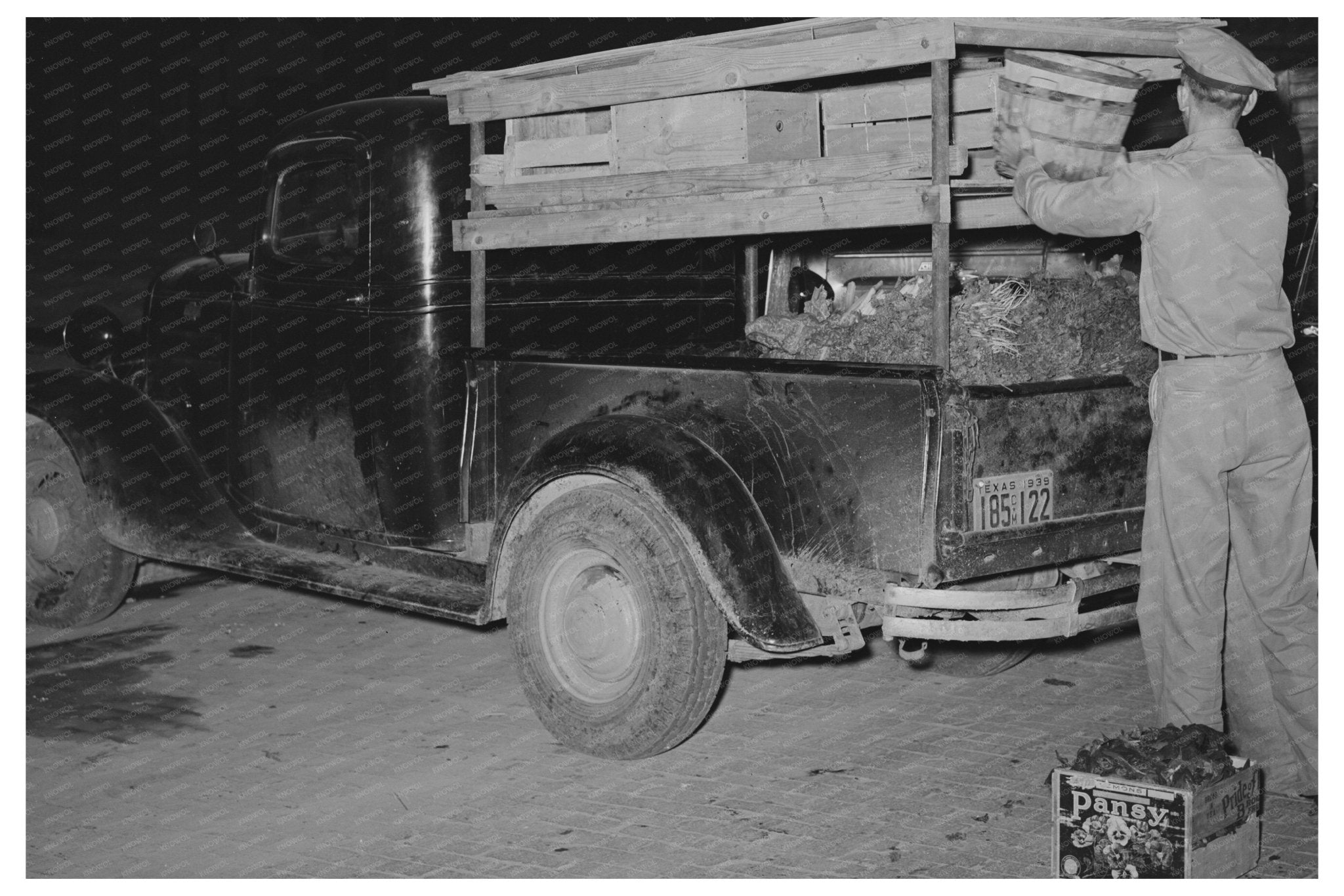 1939 Truck Driver Loading Vegetables in San Angelo Texas - Available at KNOWOL