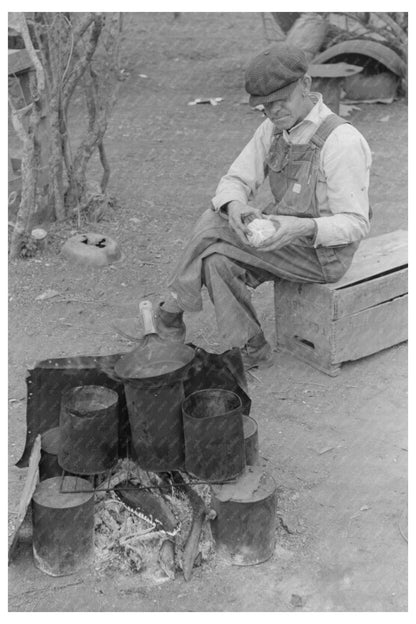 1939 White Migrant Worker Sawing Wood in Texas - Available at KNOWOL