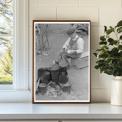 1939 White Migrant Worker Sawing Wood in Texas - Available at KNOWOL