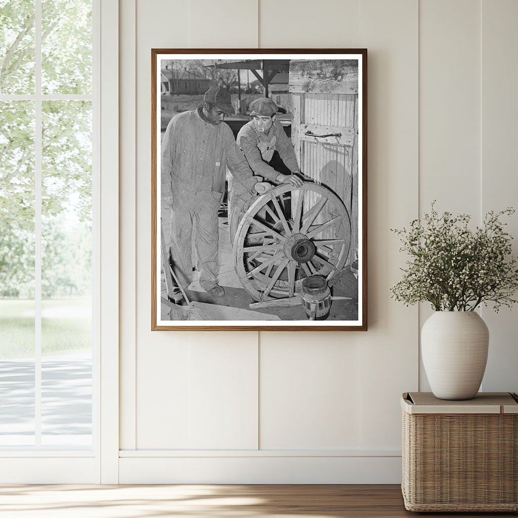 1940 Farmer and Blacksmith Examining Wagon Wheels in Oklahoma - Available at KNOWOL