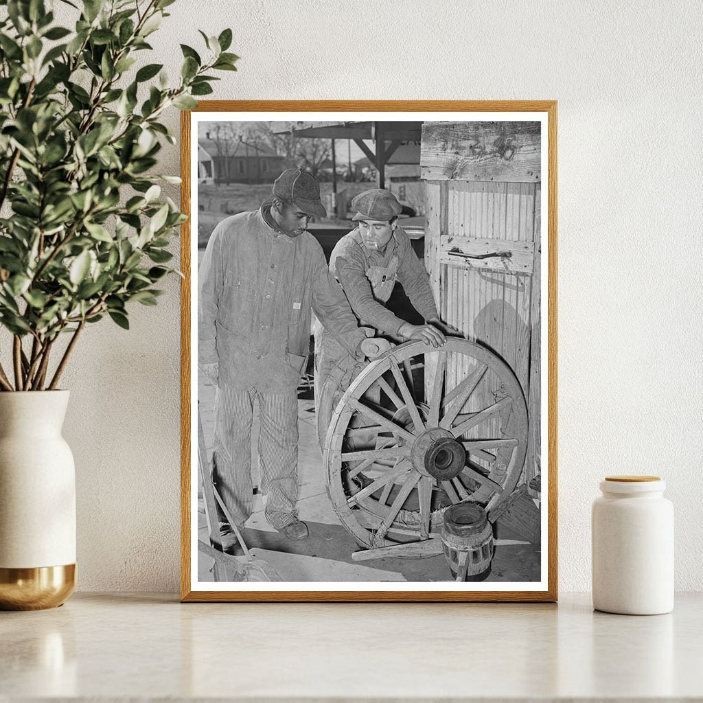 1940 Farmer and Blacksmith Examining Wagon Wheels in Oklahoma - Available at KNOWOL