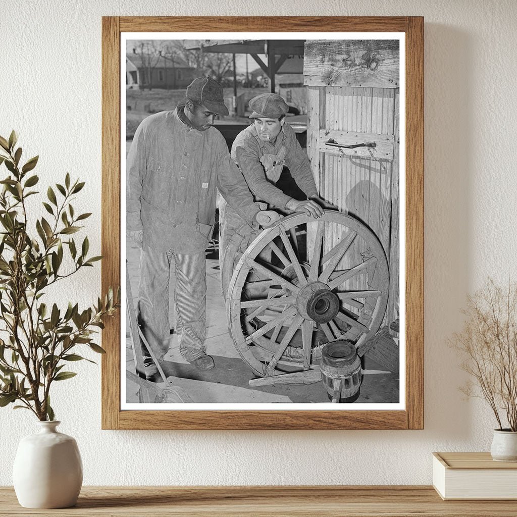 1940 Farmer and Blacksmith Examining Wagon Wheels in Oklahoma - Available at KNOWOL