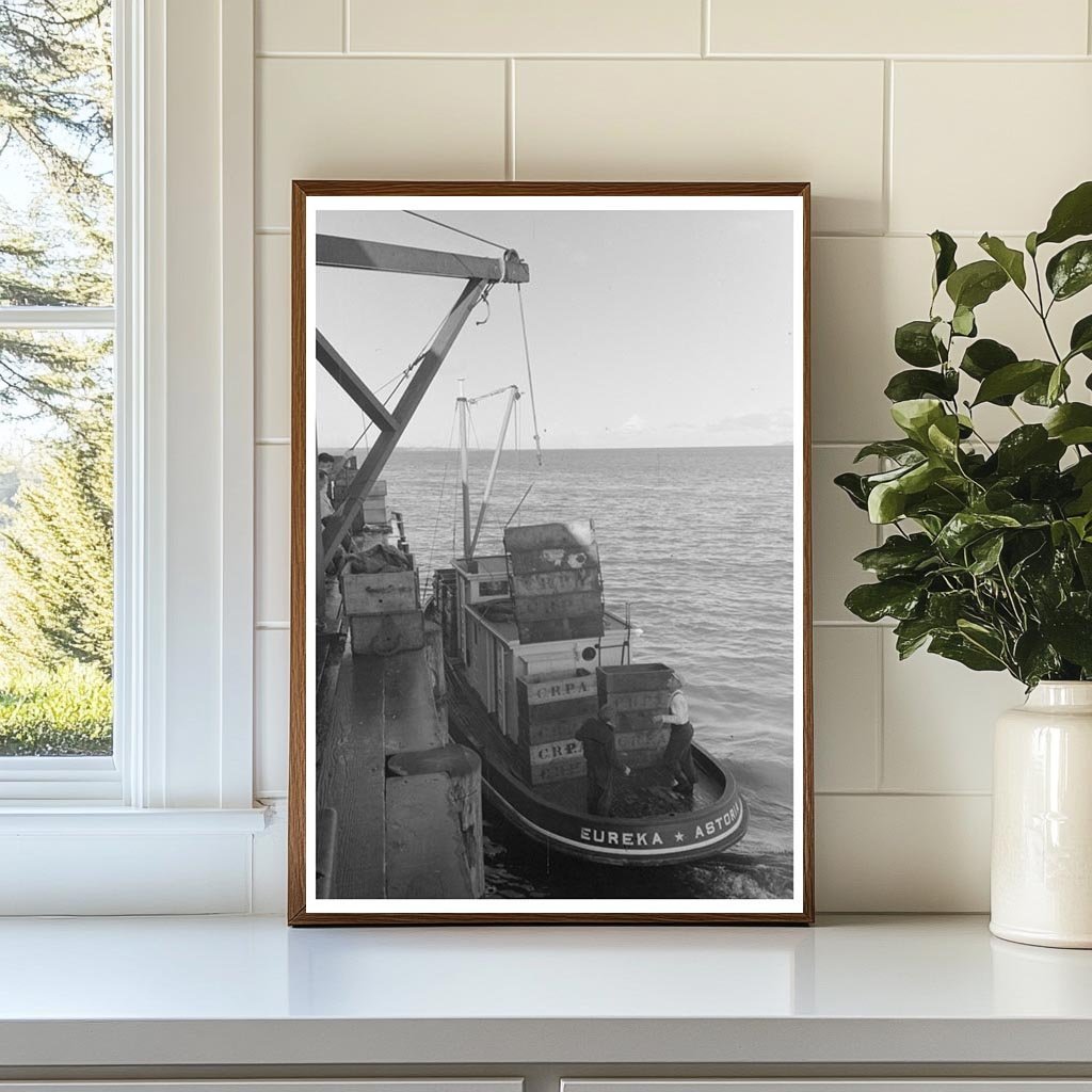 1941 Loading Empty Boxes on Fishing Boat Astoria Oregon - Available at KNOWOL