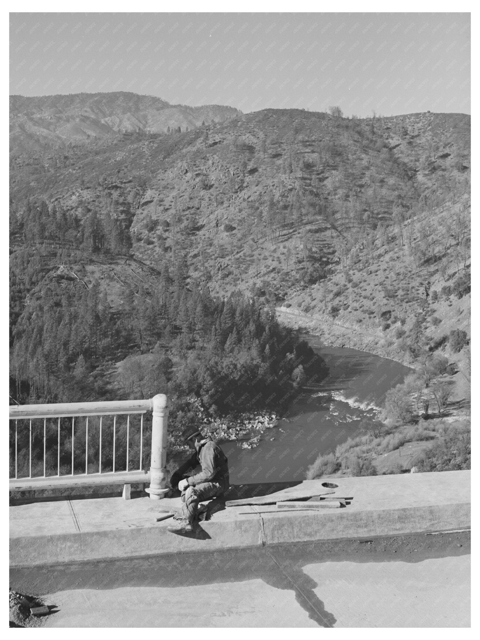 1941 Workman Installing Railing on Pit River Bridge California - Available at KNOWOL