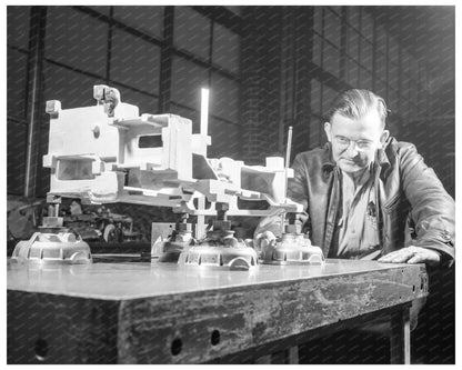 1942 Employee Inspects Sand Casting at Aluminum Industries - Available at KNOWOL