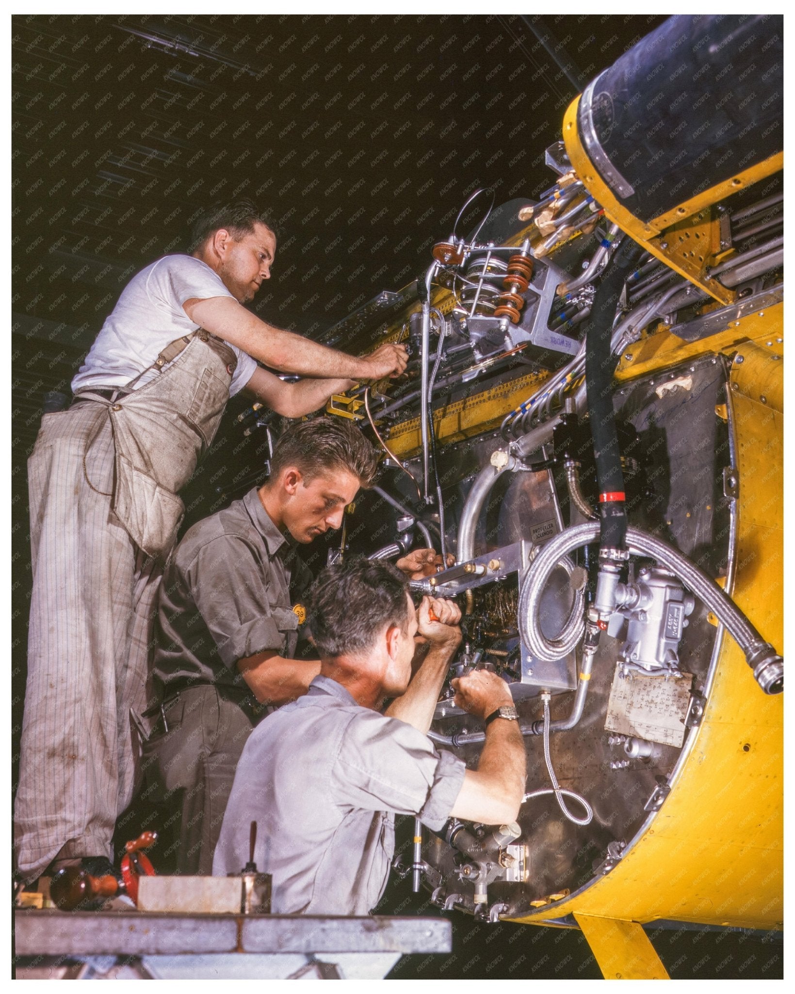 1942 Vintage Photo of Workers Assembling B - 25 Bomber Wiring at North American Aviation - Available at KNOWOL