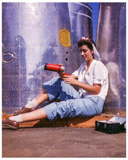 1942 Vintage Photograph of Girl Worker Lunch Break at Douglas Aircraft Company California - Available at KNOWOL
