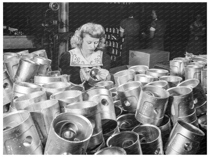 1942 Woman Inspecting Aluminum Pistons at Cincinnati Factory - Available at KNOWOL