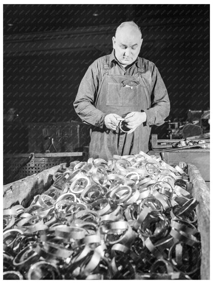 1942 Worker Measuring Copper Bands at Chase Copper and Brass - Available at KNOWOL