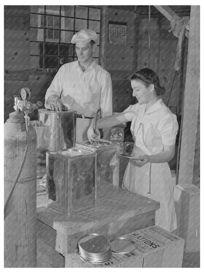 1942 Workers Filling Cans with Inert Gas for Cabbage Preservation - Available at KNOWOL