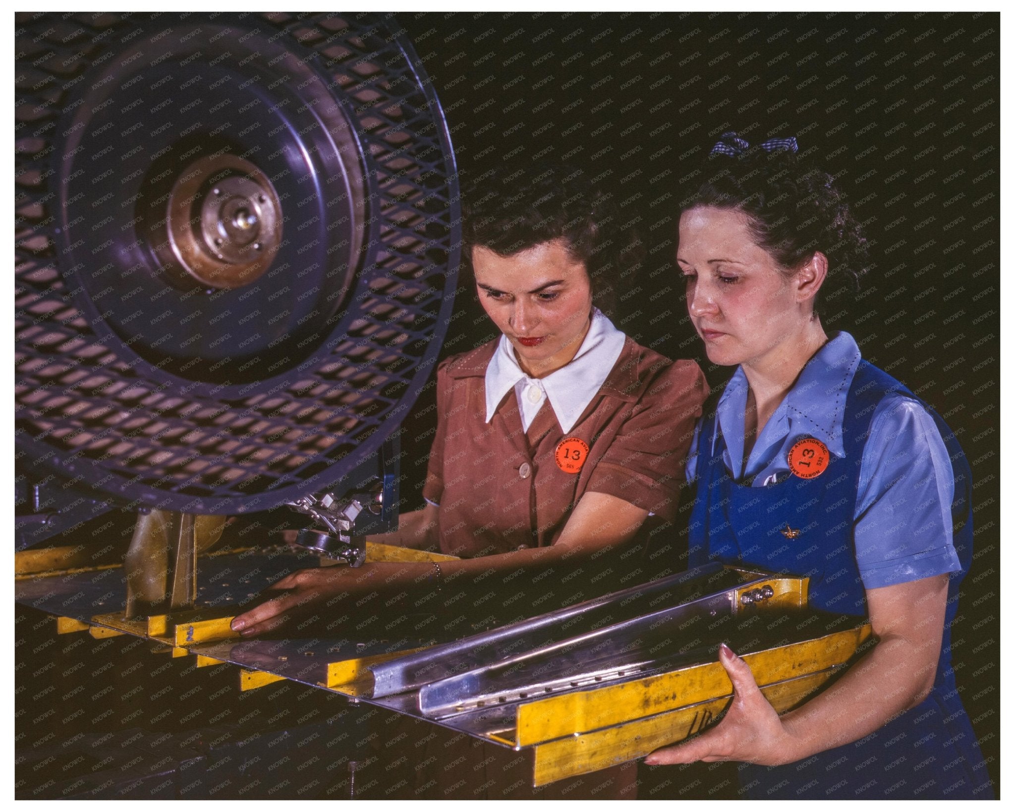 1942 Workers Punch Rivet Holes for B - 25 Bomber Assembly - Available at KNOWOL