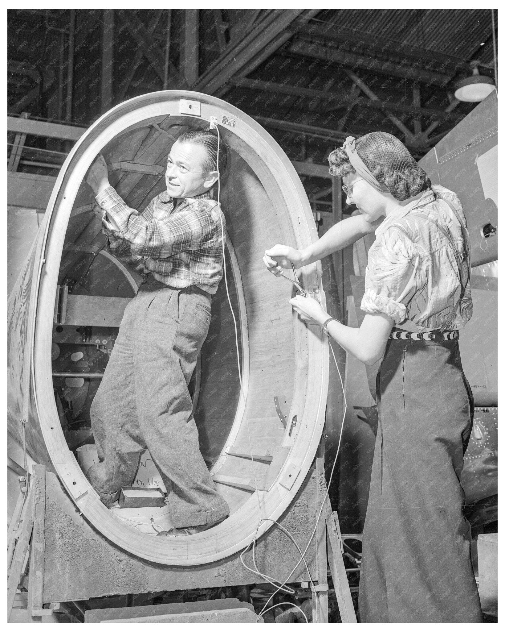 1944 Vintage Photo of Midget and Woman Installing Control Wires on BT - 13A Valiant - Available at KNOWOL