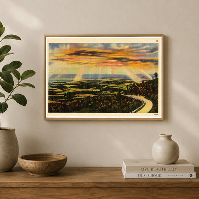 Sunset over road winding through nature. — Vintage Maryland Postcard