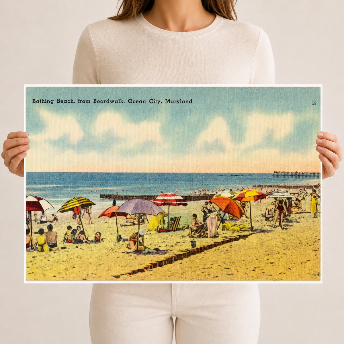 Bathing Beach, from boardwalk, Ocean City, Maryland — Vintage Maryland Postcard