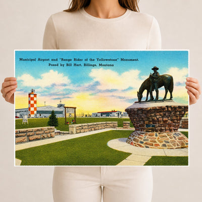 Billings, MT: Municipal Airport and "Range of the Yellowstone" Monument, posed by Bill Hart