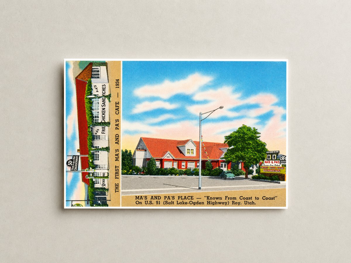 Roy, UT: Ma's and Pa's Place -- "Known from coast to coast", on U.S. 91 (Salt Lake - Ogden  Highway), Roy, Utah. The first Ma's and Pa's Café -- 1934