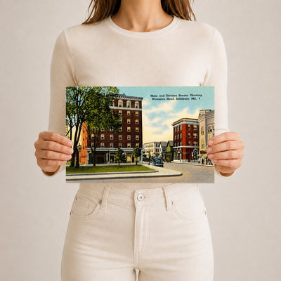 Main and Division Streets, showing Wicomico Hotel, Salisbury, MD — Vintage Maryland Postcard