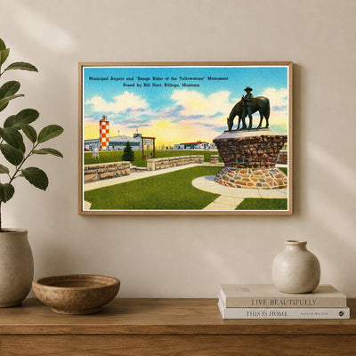 Billings, MT: Municipal Airport and "Range of the Yellowstone" Monument, posed by Bill Hart