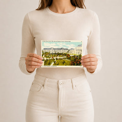 Looking across Smoke Park, showing seaward terrace of Bancroft Hall, U. S. Naval Academy, Annapolis, MD — Vintage Maryland Postcard
