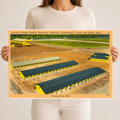 Airview Ocean Downs Raceway, showing grandstand, track and stable area, Ocean City, MD — Vintage Maryland Postcard