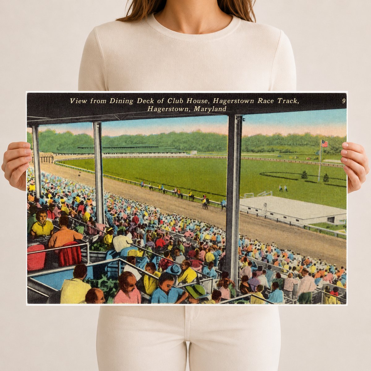View from dining deck of club house, Hagerstown Race Track, Hagerstown, Maryland — Vintage Maryland Postcard