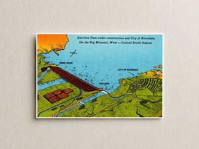 Sakakawea, Lake, ND: Garrison Dam under construction and city of Riverdale, on the Big Missouri, West -- Central North Dakota