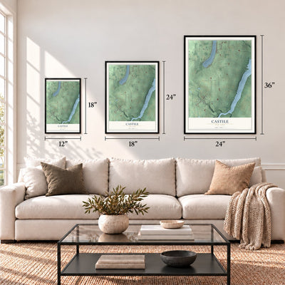Castile, New York map in 12 x 18, 18 x 24 and 24 x 36 inch sizes above a sofa